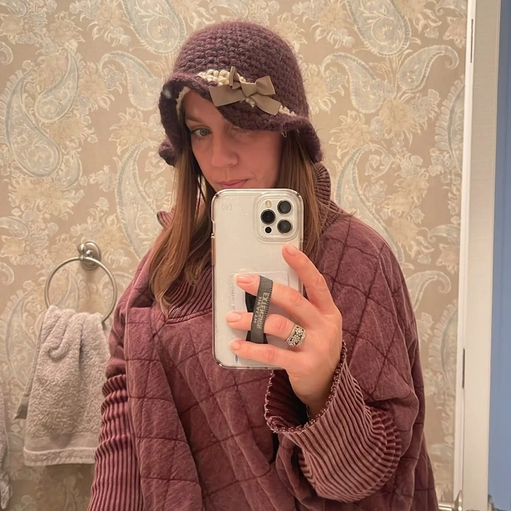 Handmade Crochet Beanie Brimmed satin bow Hat